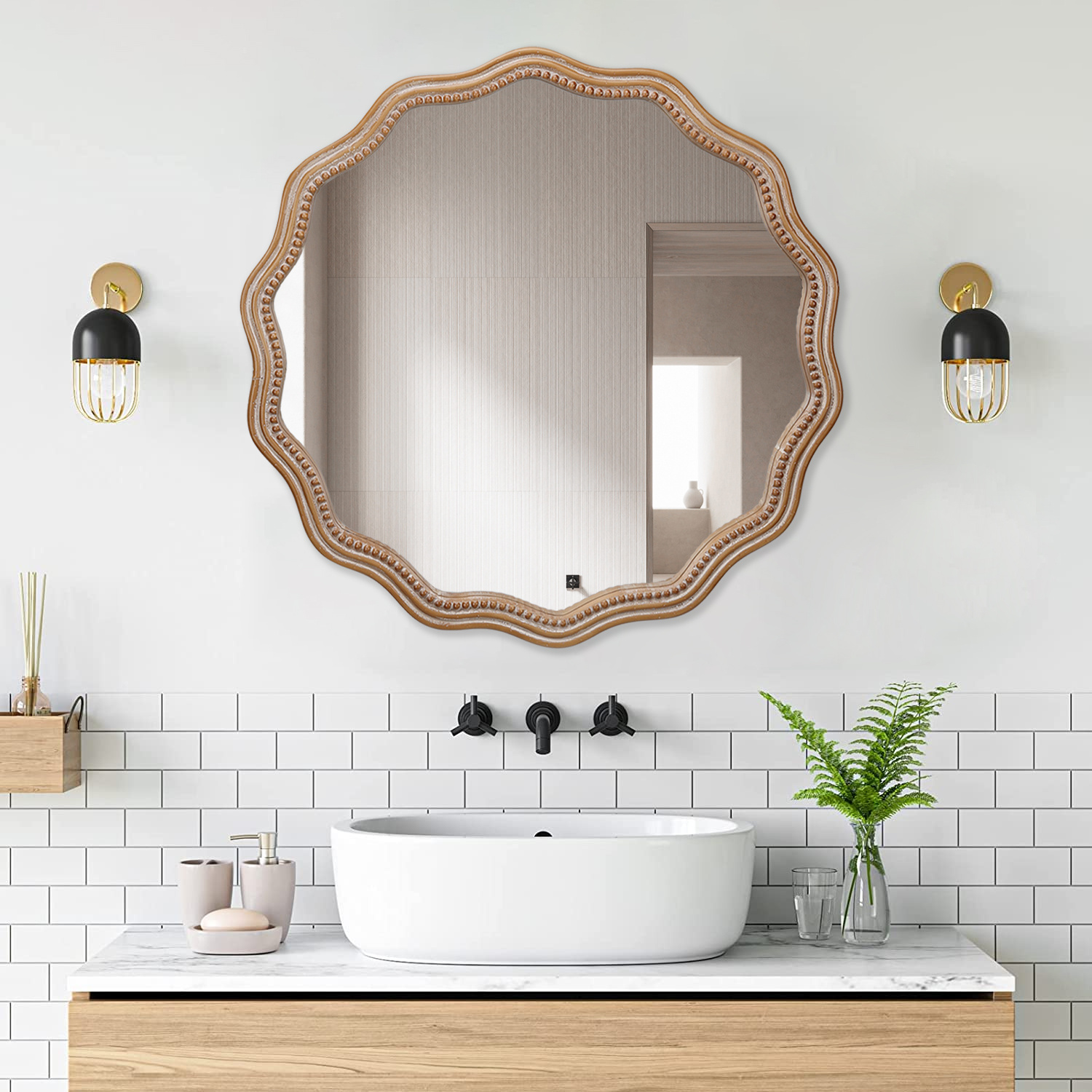 Wavy Wood Mirror, Round Scalloped Frame 23.62in - Image 3