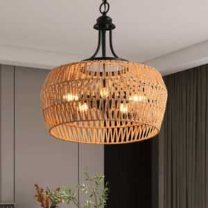 Boho pendant light, hemp rope hanging lamp - MoraDecor