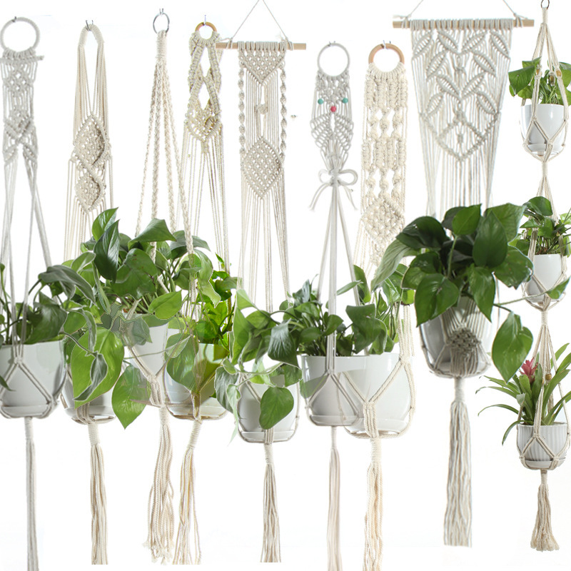 Cotton Rope Plant Hanger, Beige Net Bag for Flower Pots - Image 2