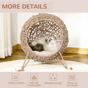 Woven Cat Bed, Elevated with Cushion, Beige 20.5in - Image 2