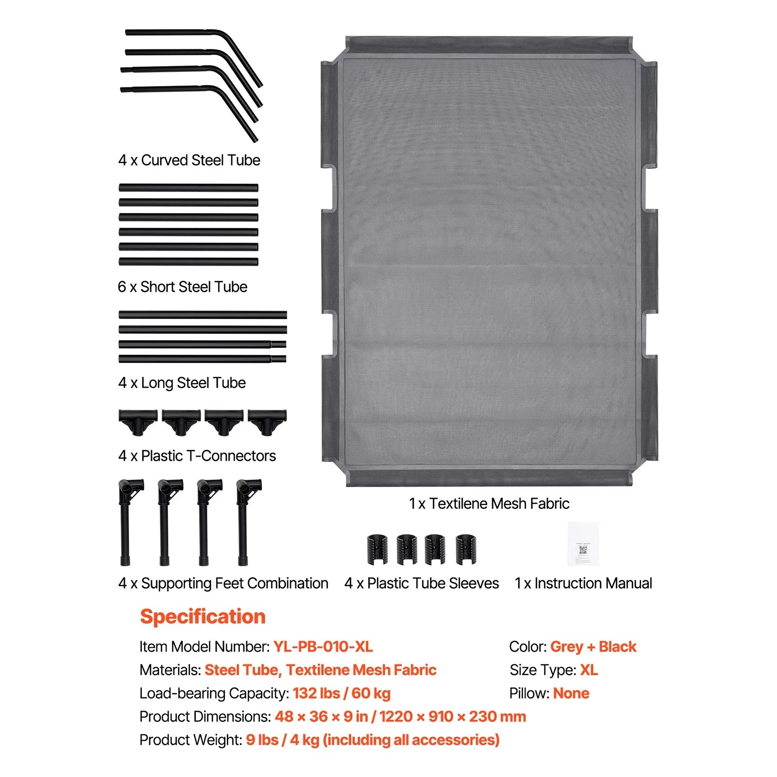 Heavy Duty Dog Cot, Steel Frame Elevated Bed XL, Grey - Image 2