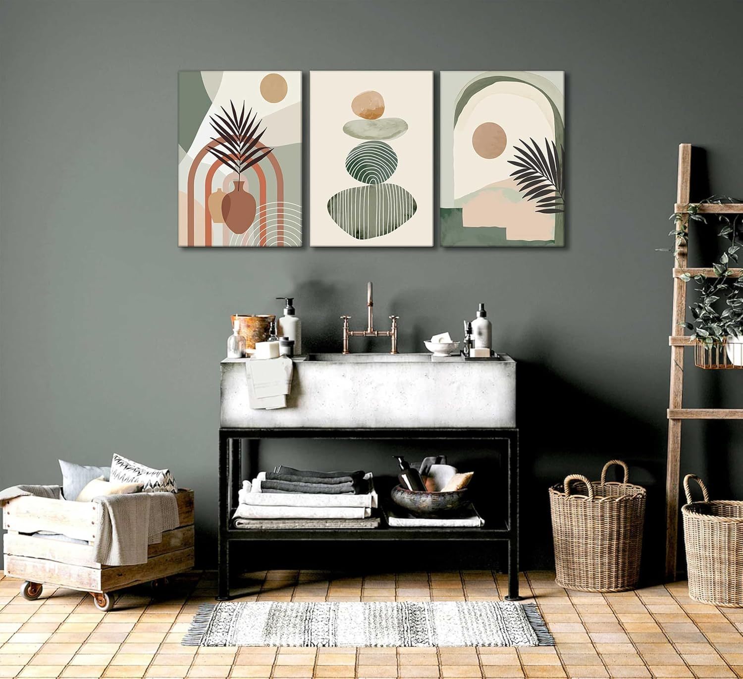 Boho Canvas Wall Art Set of 3, Framed 12x16in - Image 3