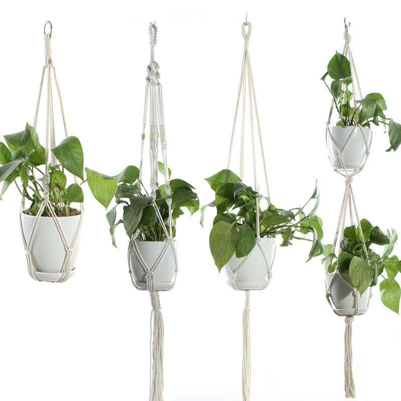 Cotton Rope Plant Hanger, Beige Net Bag for Flower Pots - Image 4