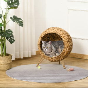 Woven cat bed natural, elevated with cushion - MoraDecor