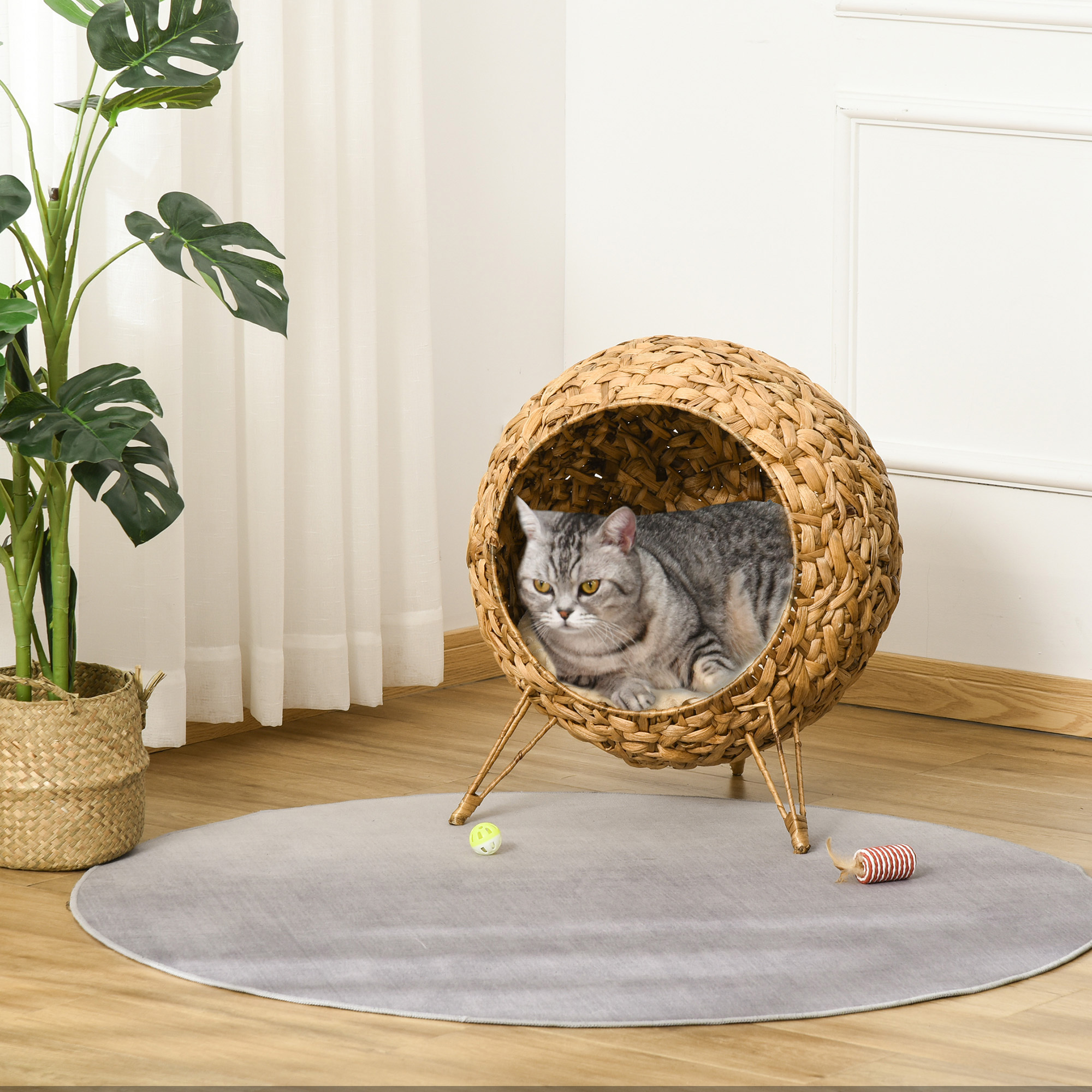 Woven cat bed natural, elevated with cushion - MoraDecor