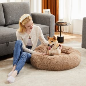Fluffy Cat Bed, Anti-Slip Round Plush 24in - Image 2