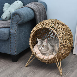 Woven Cat Bed, Elevated with Cushion, Beige 20.5in - Image 8