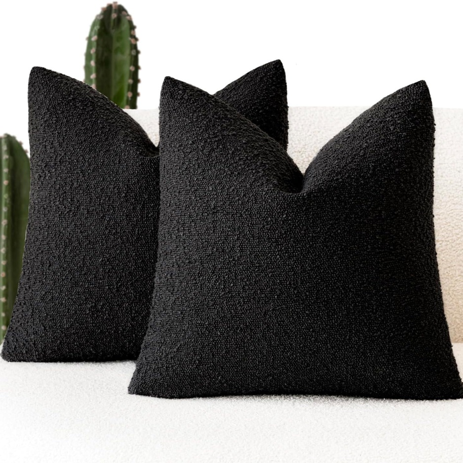 Boucle throw pillow cover, black textured - MoraDecor