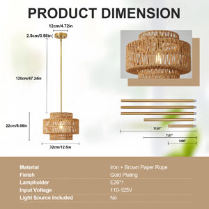 Boho Rattan Chandelier, Hand-Woven Pendant Light - Image 8