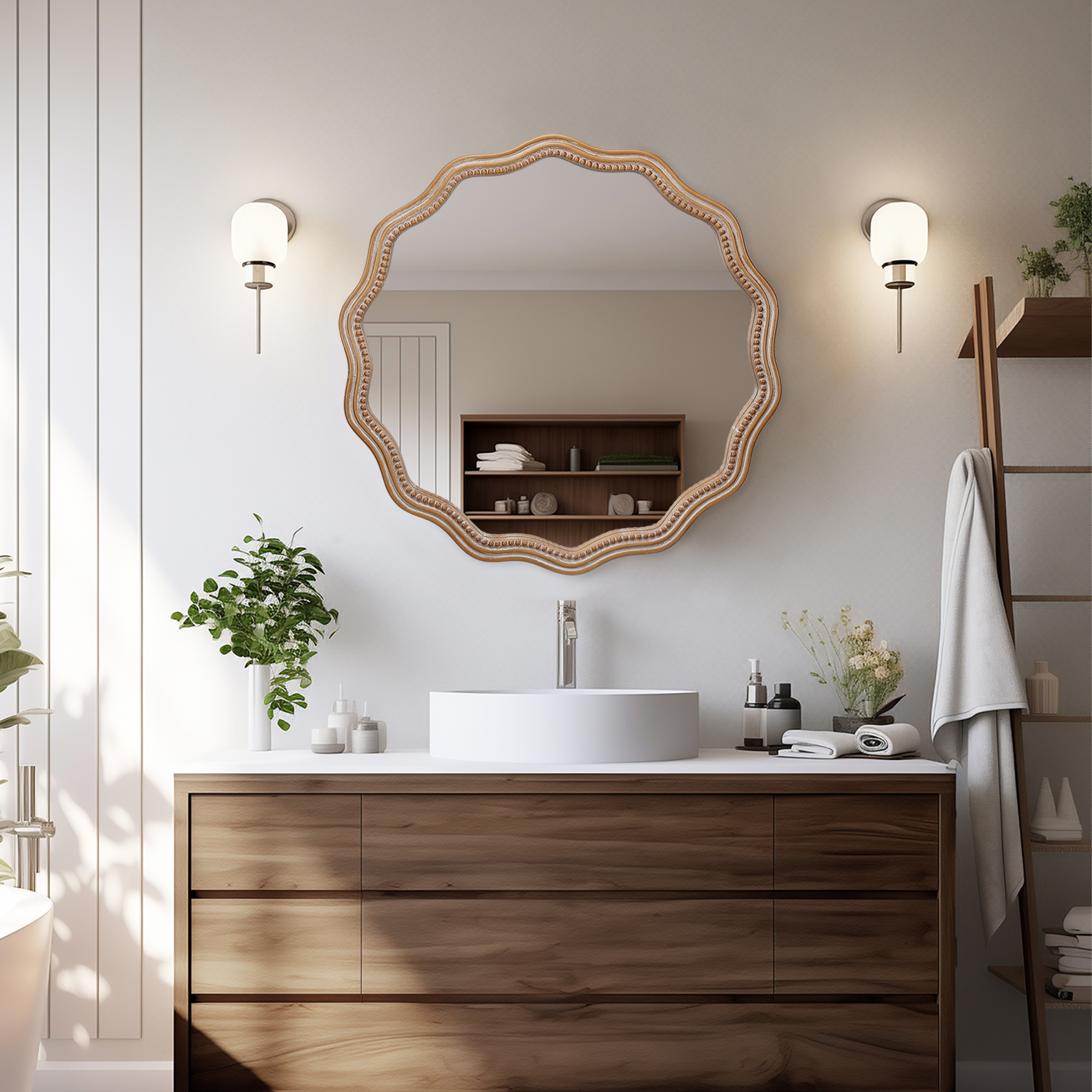 Wavy Wood Mirror, Round Scalloped Frame 23.62in - Image 5