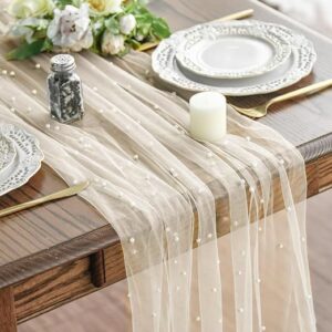 Gauze table runner, 10ft pearl beige for dining and parties - MoraDecor