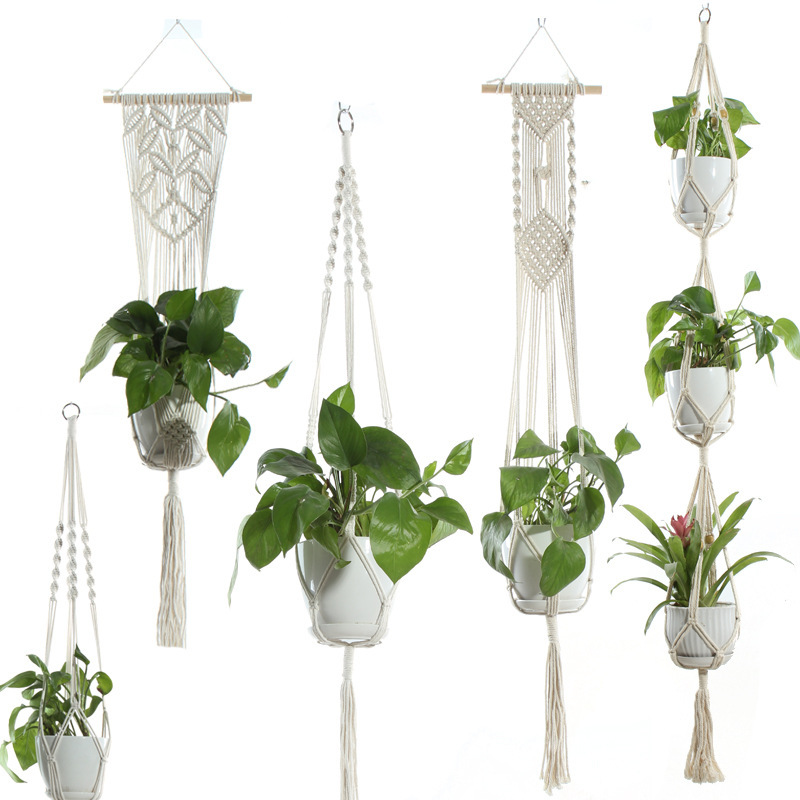 Cotton Rope Plant Hanger, Beige Net Bag for Flower Pots - Image 3