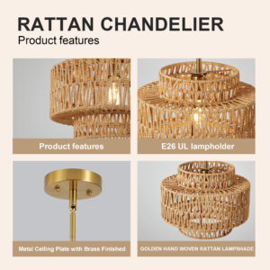 Boho Rattan Chandelier, Hand-Woven Pendant Light - Image 6