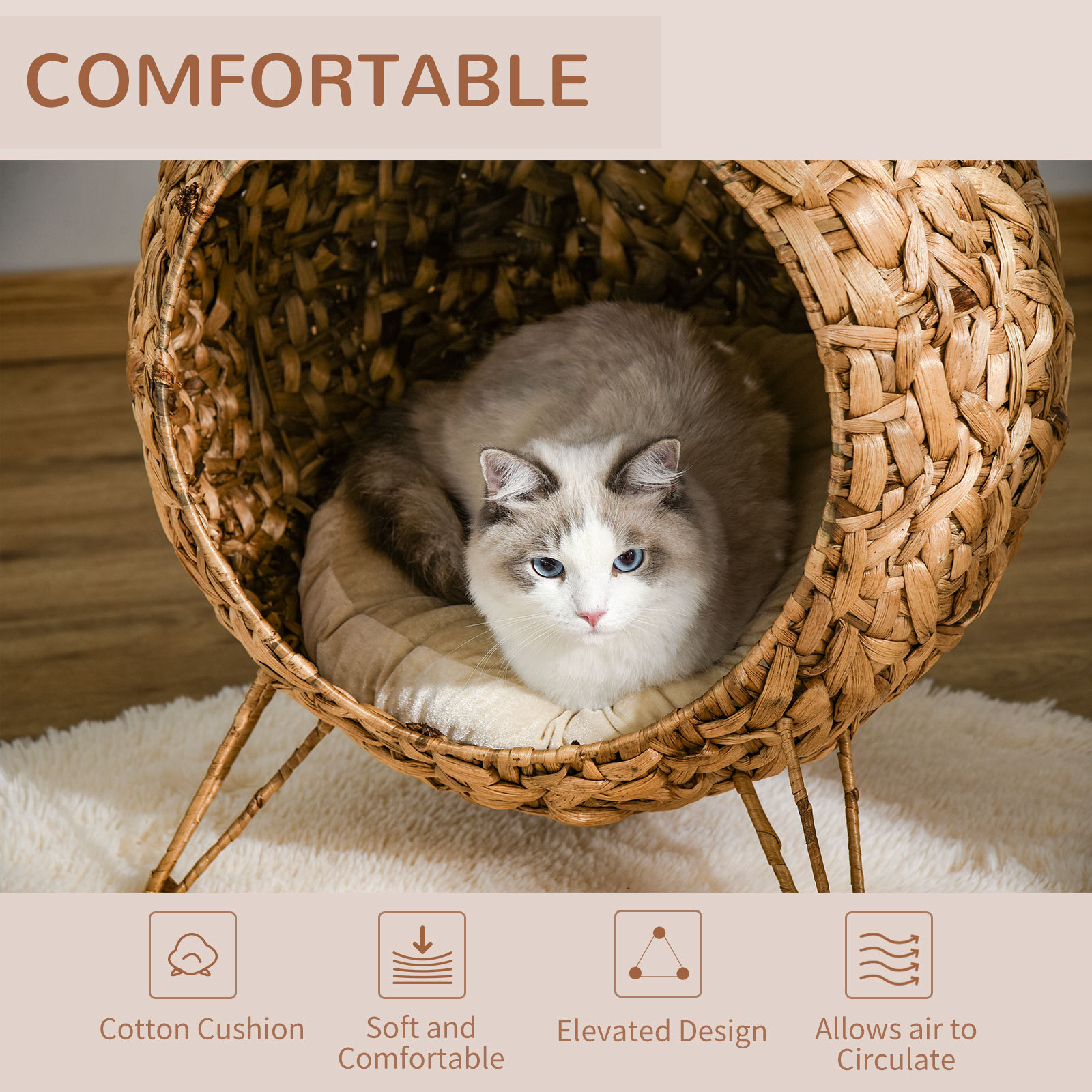 Woven Cat Bed Natural, Elevated with Cushion 20.5in - Image 7