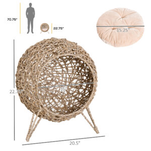 Woven Cat Bed, Elevated with Cushion, Beige 20.5in - Image 4