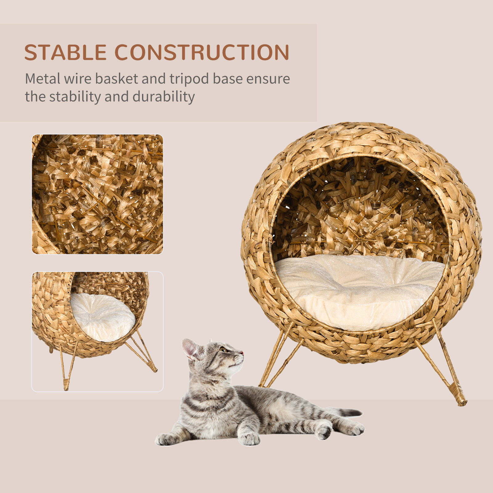Woven Cat Bed Natural, Elevated with Cushion 20.5in - Image 4
