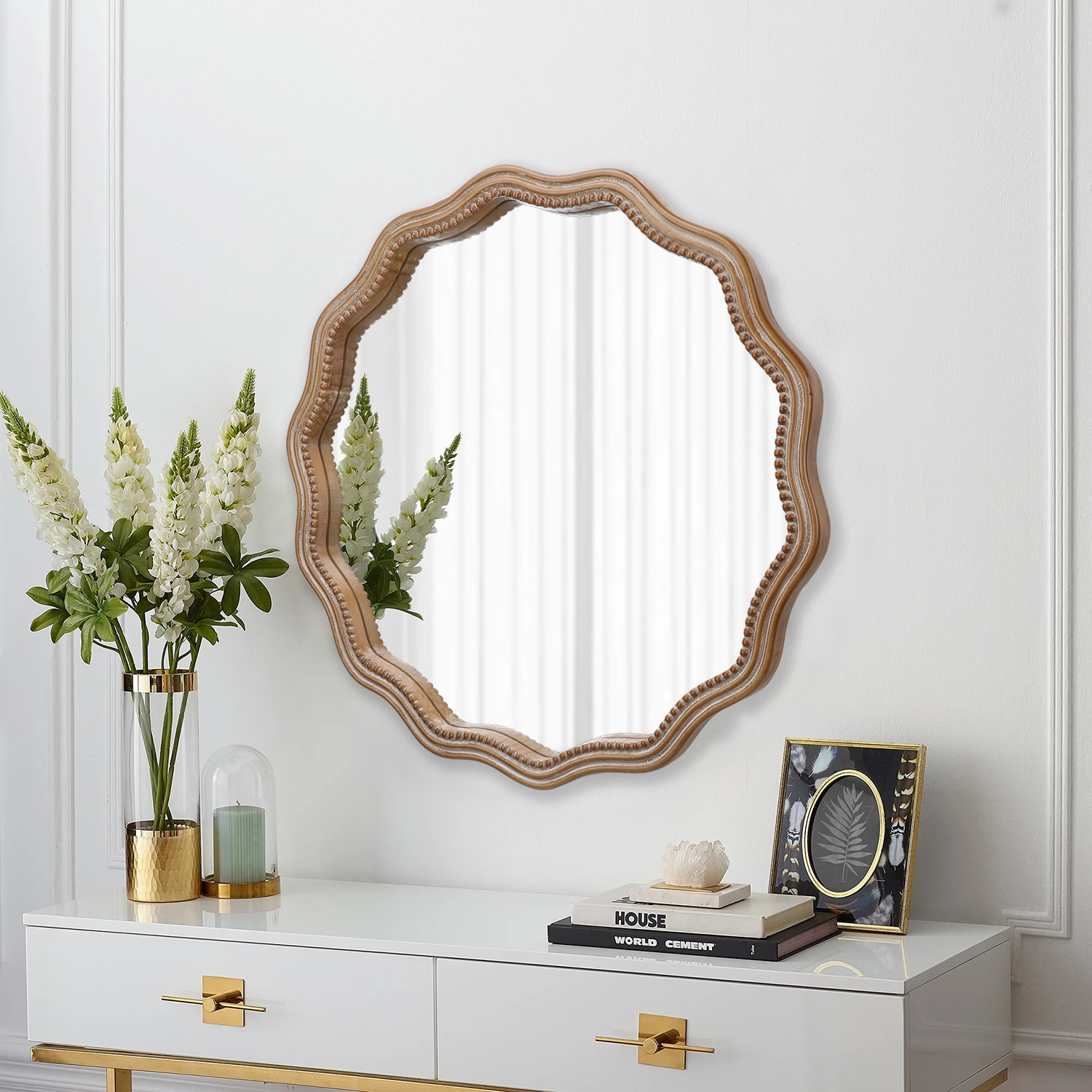 Wavy Wood Mirror, Round Scalloped Frame 23.62in - Image 2