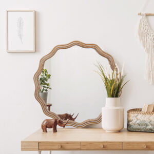 Wavy Wood Mirror, Round Scalloped Frame 23.62in - Image 4