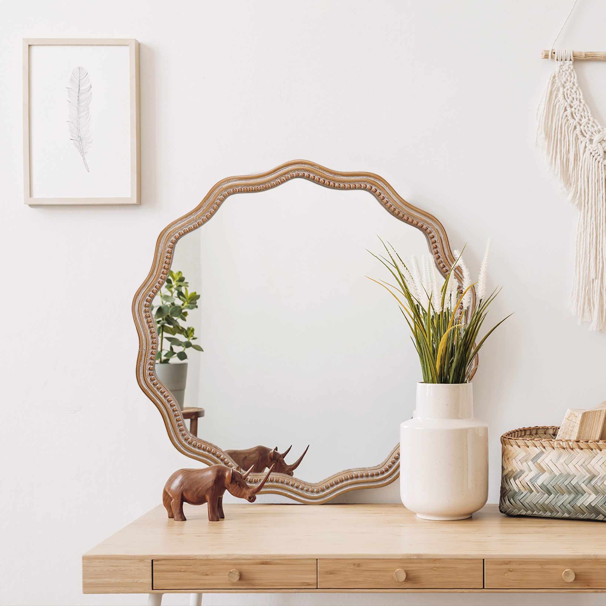 Wavy Wood Mirror, Round Scalloped Frame 23.62in - Image 4